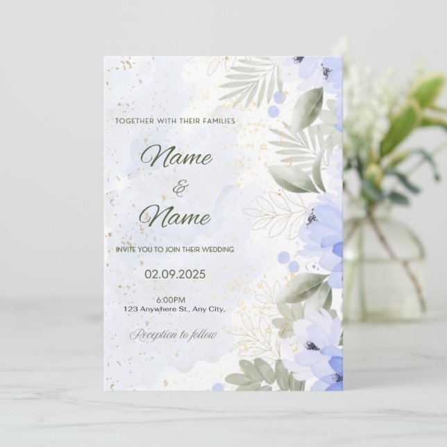 Invitación de boda elegante floral azul  (Anverso de pie)