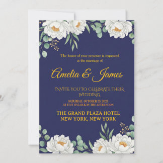 Invitación de boda elegante floral azul marino