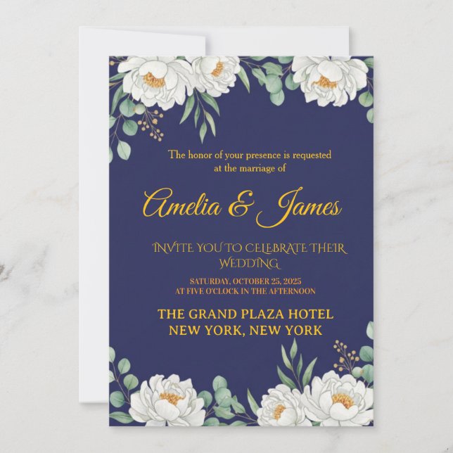 Invitación de boda elegante floral azul marino (Anverso)
