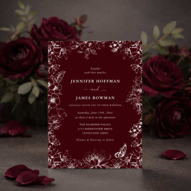 Invitación de boda elegante floral borgoña (Subido por el creador)