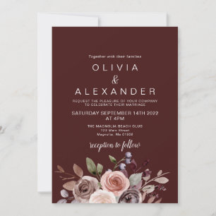 Invitación de boda elegante floral borgoña