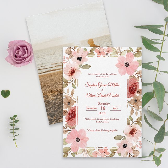 Invitación de boda elegante floral con rubor (Blush Floral Elegant Photo Wedding Invitation)