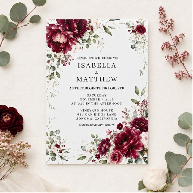 Invitación de boda elegante floral de Borgoña (Subido por el creador)