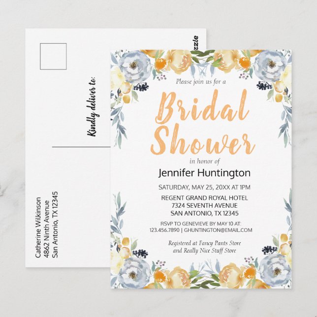 Invitación de boda elegante floral de melocotón (Anverso / Reverso)