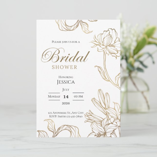 Invitación de boda elegante floral de oro blanco (Anverso de pie)