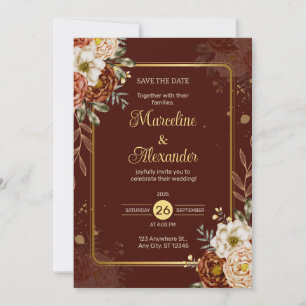 Invitación de boda elegante floral roja granate do