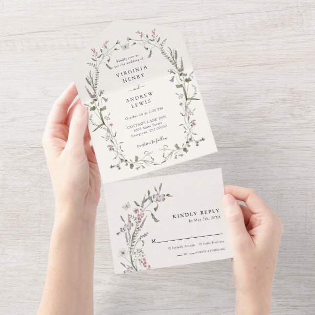 Invitación de boda elegante floral todo en uno (desgarro)