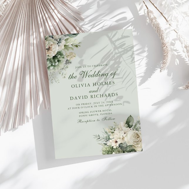 Invitación de Boda Elegante Floral Verde Suave de  (Soft Sage Green Floral Elegant Wedding Invitation on a sunny table with white dry botanicals)