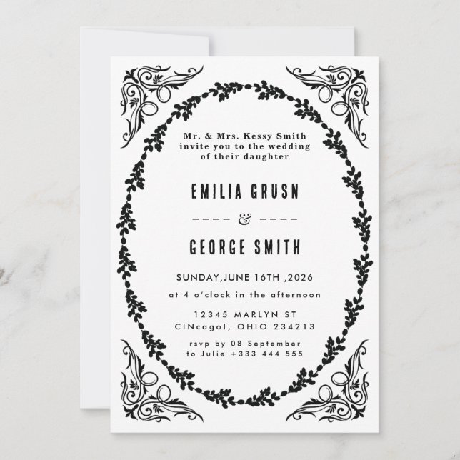 Invitación de Boda Elegante Floral Vintage (Anverso)
