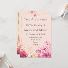 Invitación de boda elegante, flores rosadas