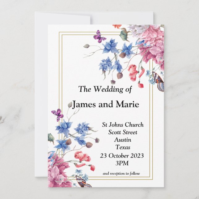 Invitación de boda elegante, flores rosadas y azul (Anverso)