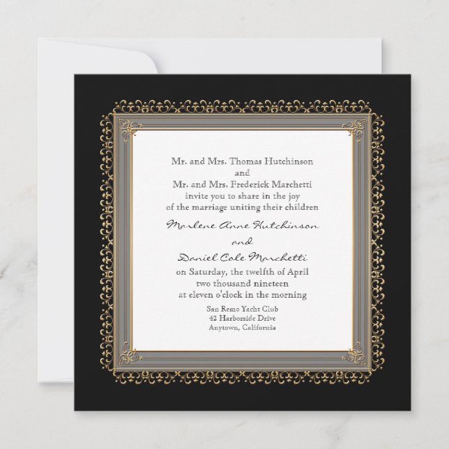 Invitación de Boda Elegante Formal de Oro y Encaje (Anverso)