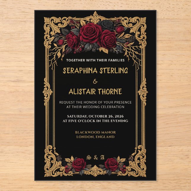 Invitación de boda elegante gótica de rosa dorada  (Anverso)