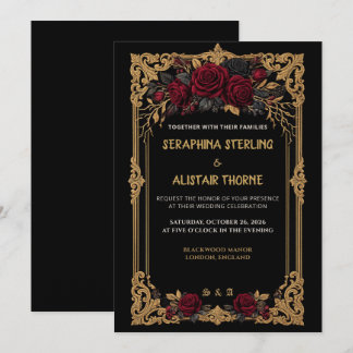 Invitación de boda elegante gótica de rosa dorada
