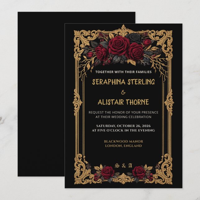 Invitación de boda elegante gótica de rosa dorada  (Anverso / Reverso)
