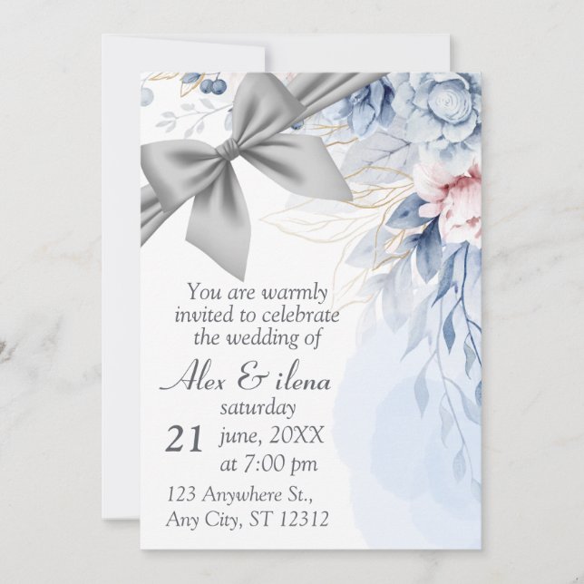 Invitación de boda elegante gris azul (Anverso)