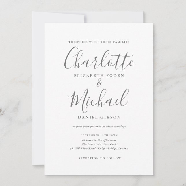 Invitación de boda elegante gris blanca con firma (Anverso)