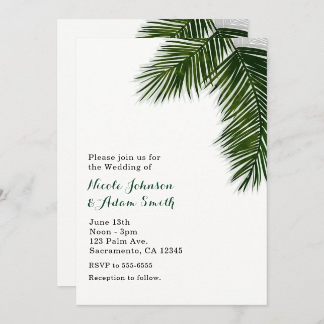 Invitación de boda elegante hoja de palma tropical (Anverso / Reverso)