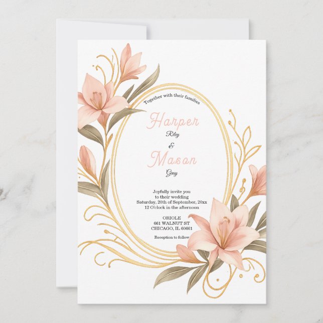 Invitación de boda elegante Lily Frame Gold Blush (Anverso)