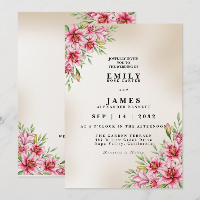 Invitación de boda Elegante Lirio Stargazer (Anverso / Reverso)