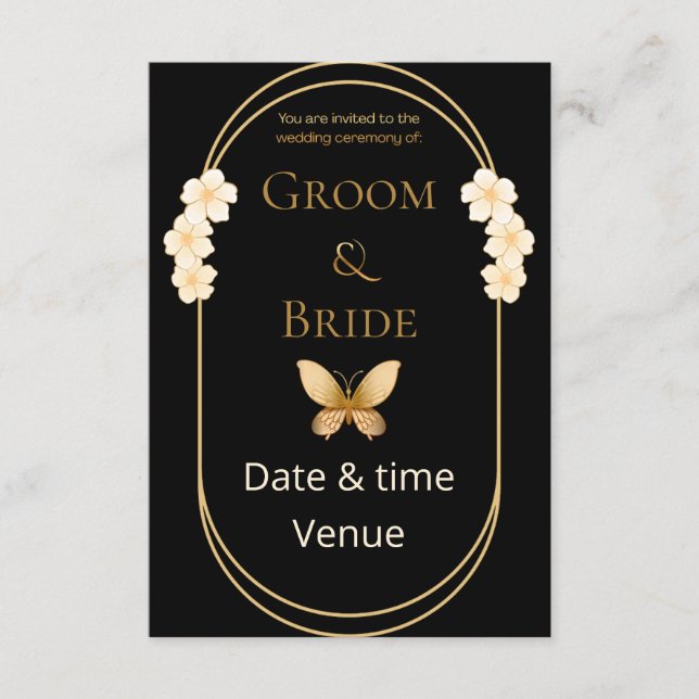 Invitación de boda elegante mariposa de oro (Anverso)