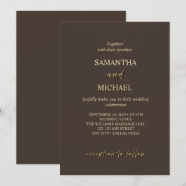 Invitación de boda elegante marrón oscuro y dorado