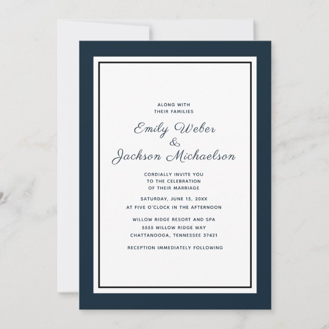 Invitación de boda elegante moderna azul marino y  (Anverso)