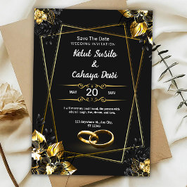 Invitación de boda elegante negra y dorada