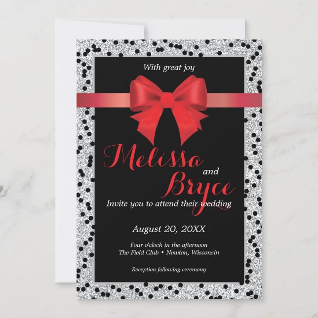Invitación de boda elegante negra y roja (Anverso)