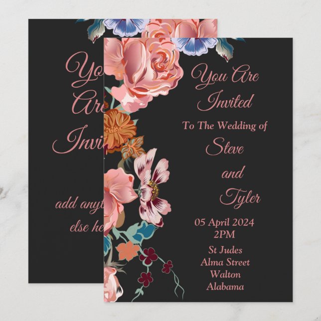 Invitación de boda elegante, negro, rosa, azul (Anverso / Reverso)