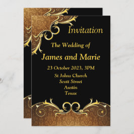 Invitación de boda elegante, negro y dorado scroll