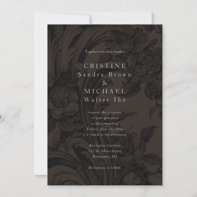 Invitación de boda elegante ornamental marrón oscu (Anverso)
