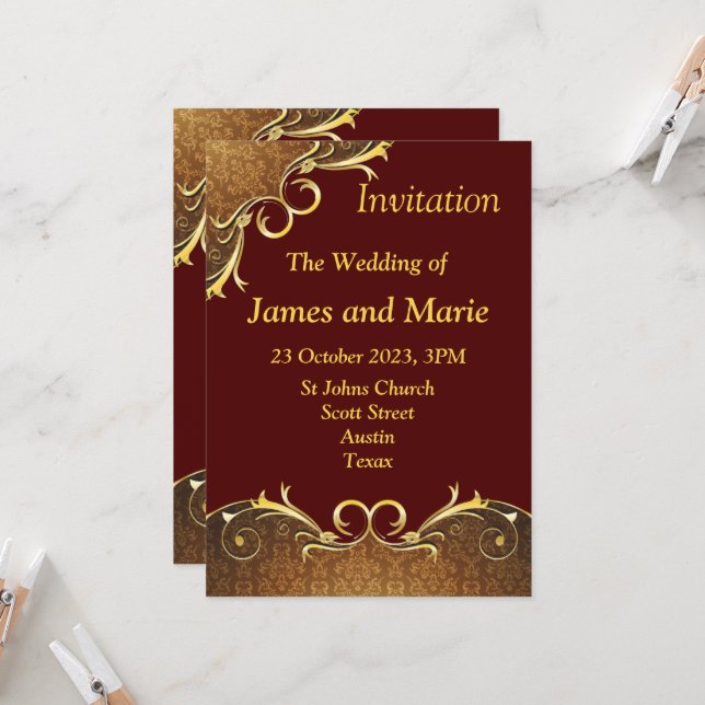 Invitación de boda elegante, pergamino berguñía/or (Anverso/Reverso In Situ)