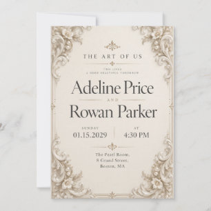 Invitación de boda elegante perla marfil barroca