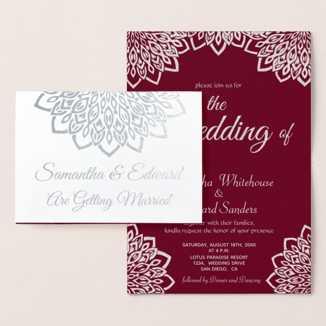 Invitación de boda elegante plata de Borgoña (Demostración)