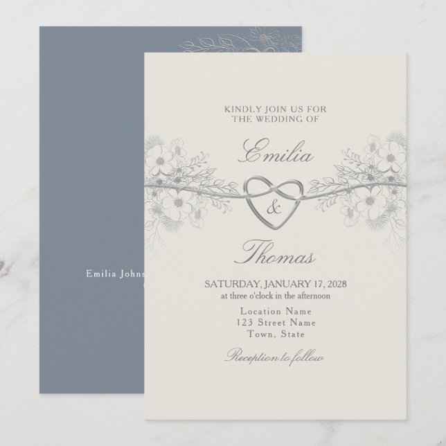 Invitación de boda elegante polvorienta azul (Anverso / Reverso)