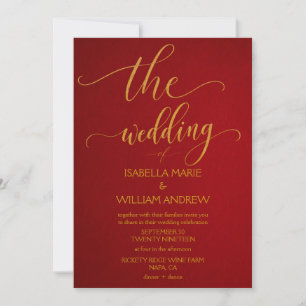 Invitación de boda elegante roja naval dorada