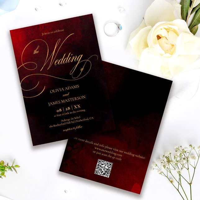 Invitación de boda elegante roja negra dorada con  (Subido por el creador)