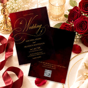 Invitación de boda elegante roja negra y dorada co