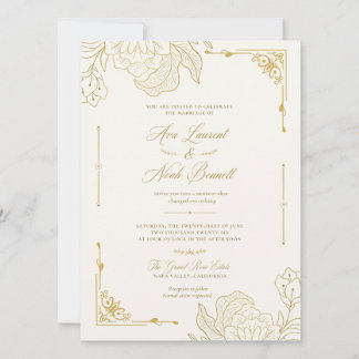Invitación de boda elegante romántica de oro flora