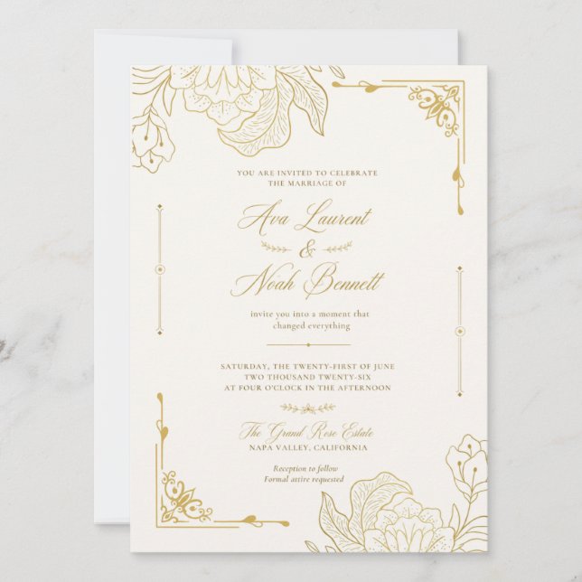 Invitación de boda elegante romántica de oro flora (Anverso)