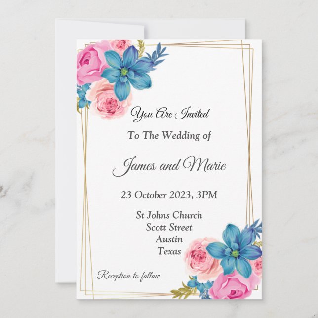 Invitación de boda elegante, rosa, azul (Anverso)