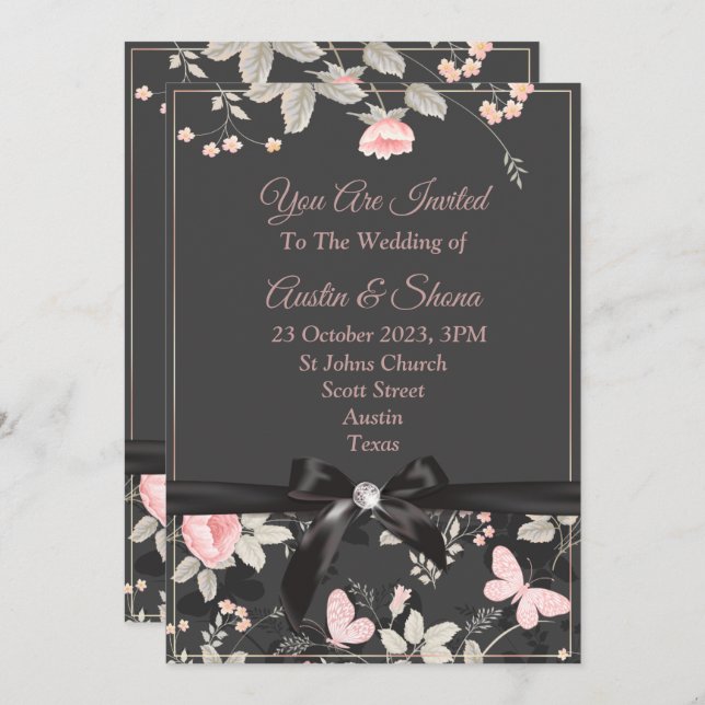 Invitación de boda elegante, rosa, lazo, mármol (Anverso / Reverso)