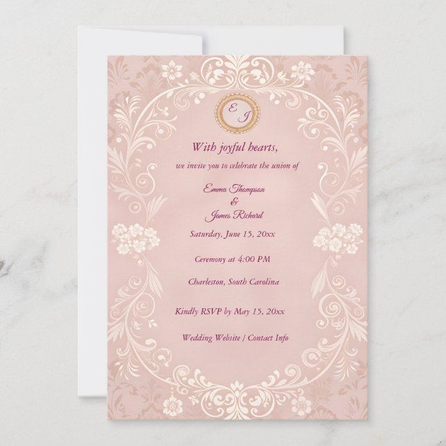 Invitación de boda elegante rosa rubor (Anverso)