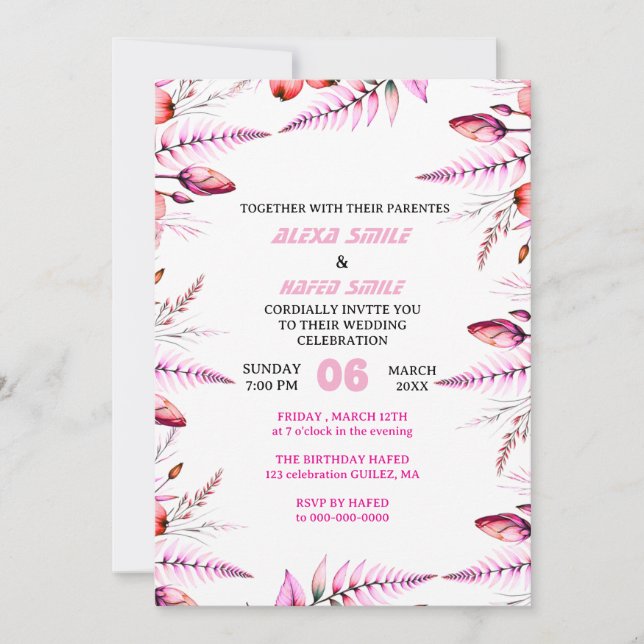 Invitación de boda elegante rosa sonrojado , blanc (Anverso)