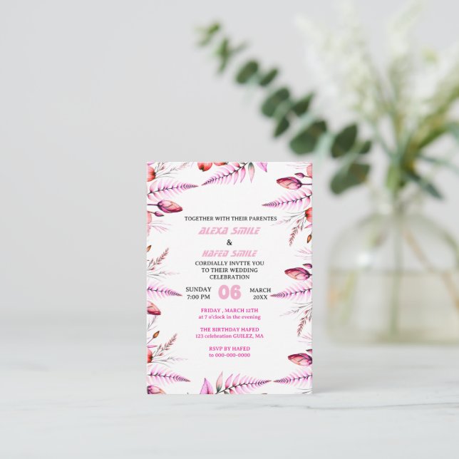 Invitación de boda elegante rosa sonrojado con dor (Anverso de pie)