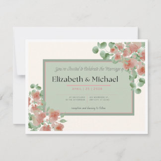Invitación de boda elegante rosa y verde