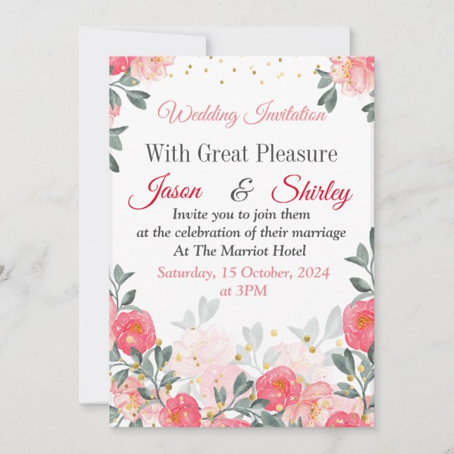 Invitación de boda elegante, rosas rojas sobre bla (Anverso)