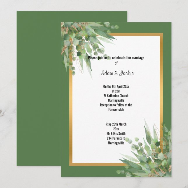 INVITACIÓN DE BODA ELEGANTE SAGE GOLD EUCALYPTUS (Anverso / Reverso)