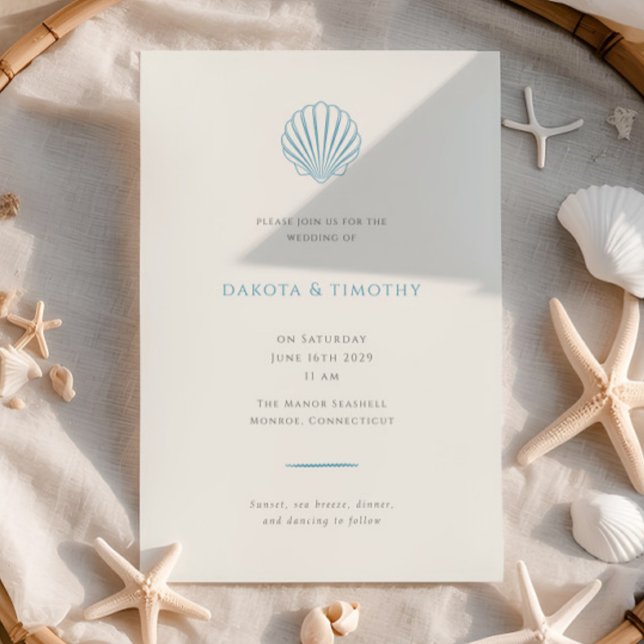 Invitación de boda elegante simple azul con concha (Subido por el creador)